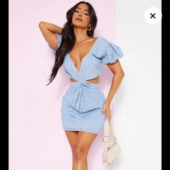 Petite Blue Broderie Anglaise Cut Out Mini Dress