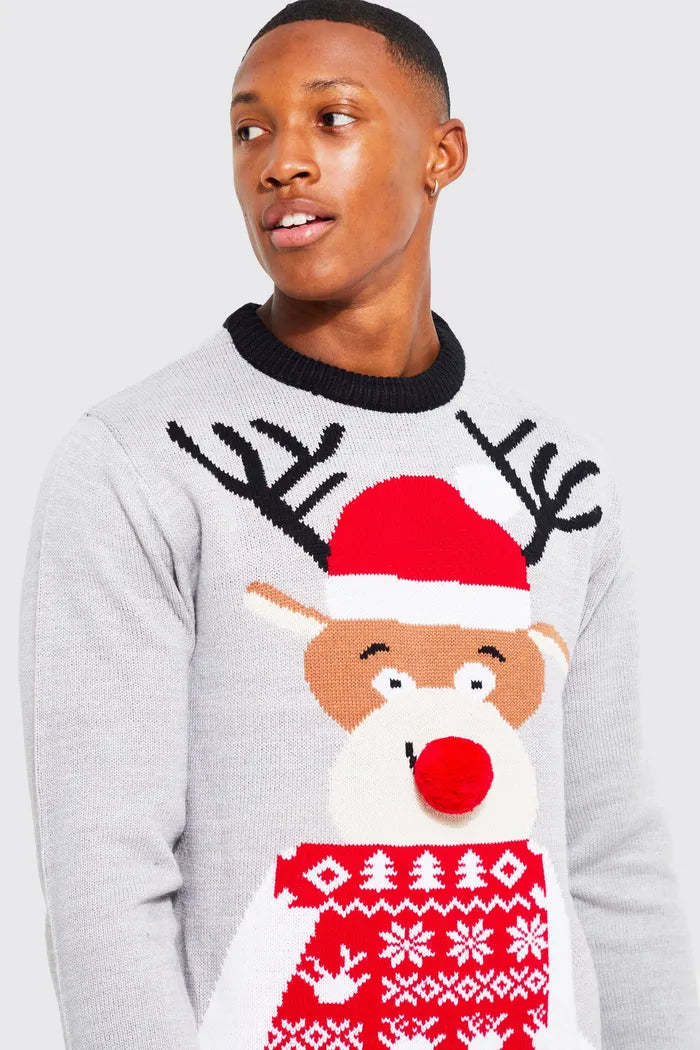 Reindeer Santa Hat Christmas Jumper Grey Marl