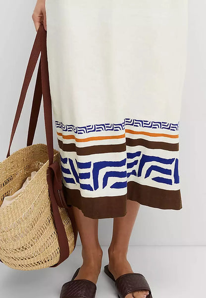 Linen Rich Printed V Neck Shift Dress