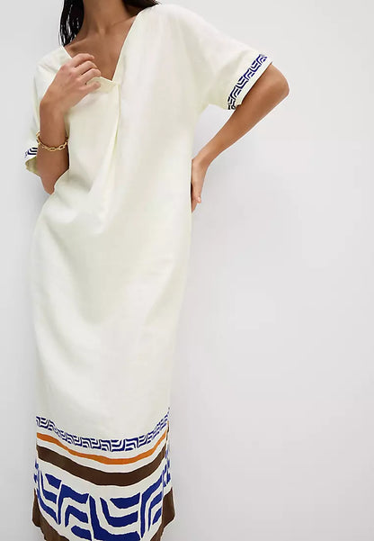 Linen Rich Printed V Neck Shift Dress