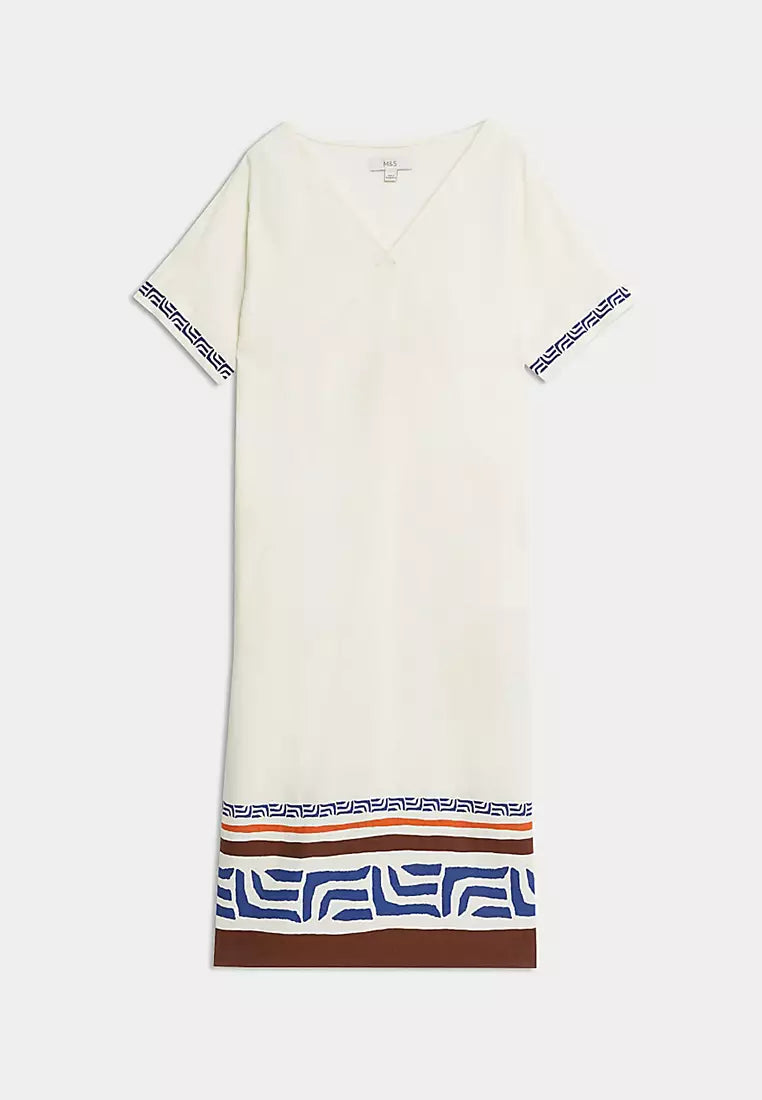 Linen Rich Printed V Neck Shift Dress
