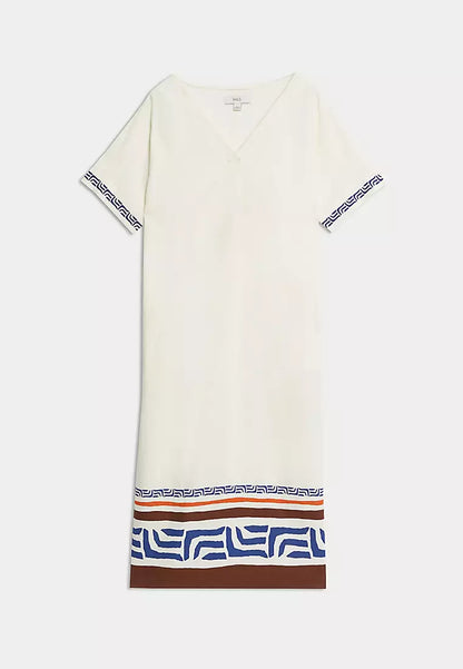 Linen Rich Printed V Neck Shift Dress