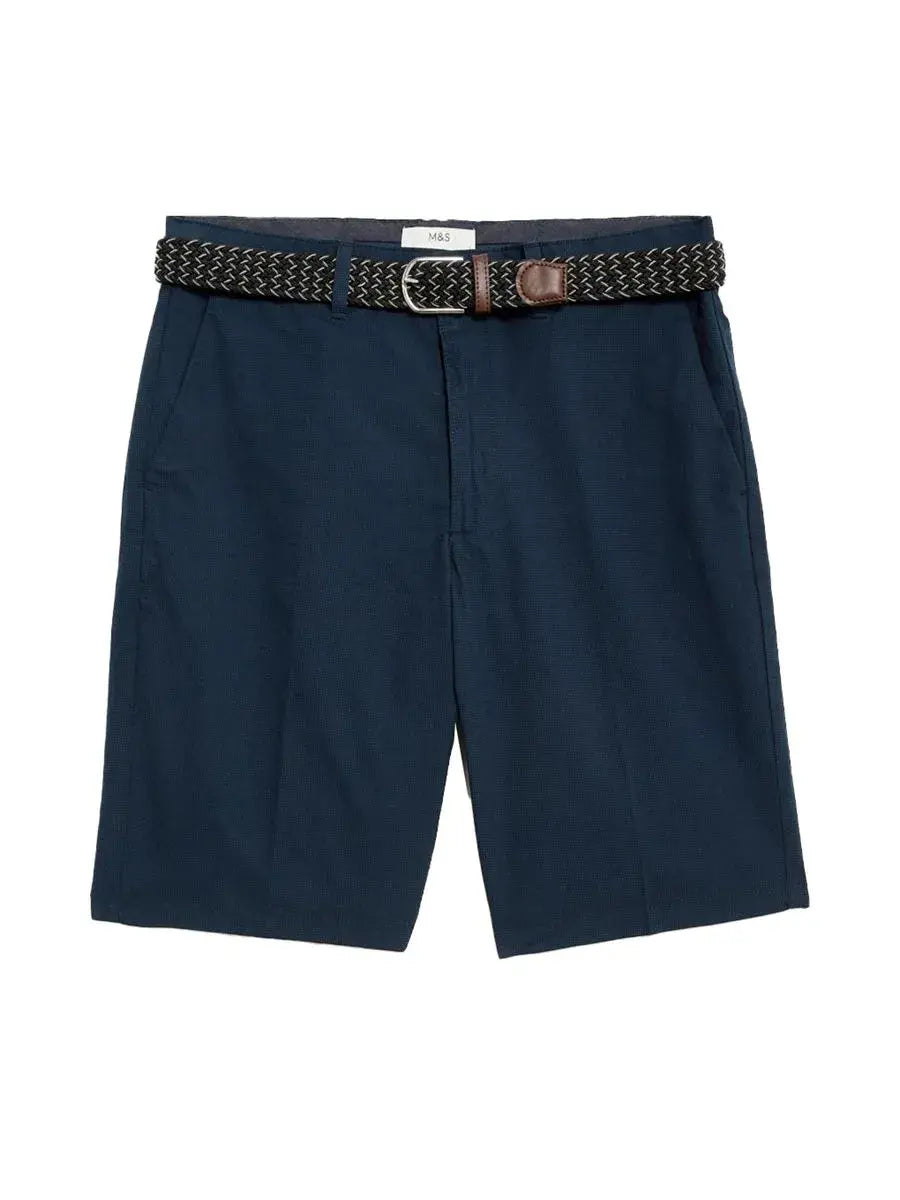 Pure Cotton Checked Belted Chinos Short Navy Mix