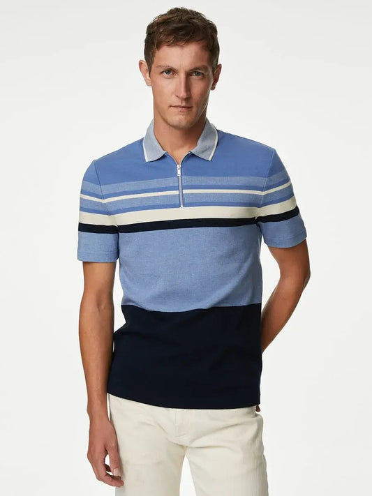 Double knitted Stripe Polo - Blue