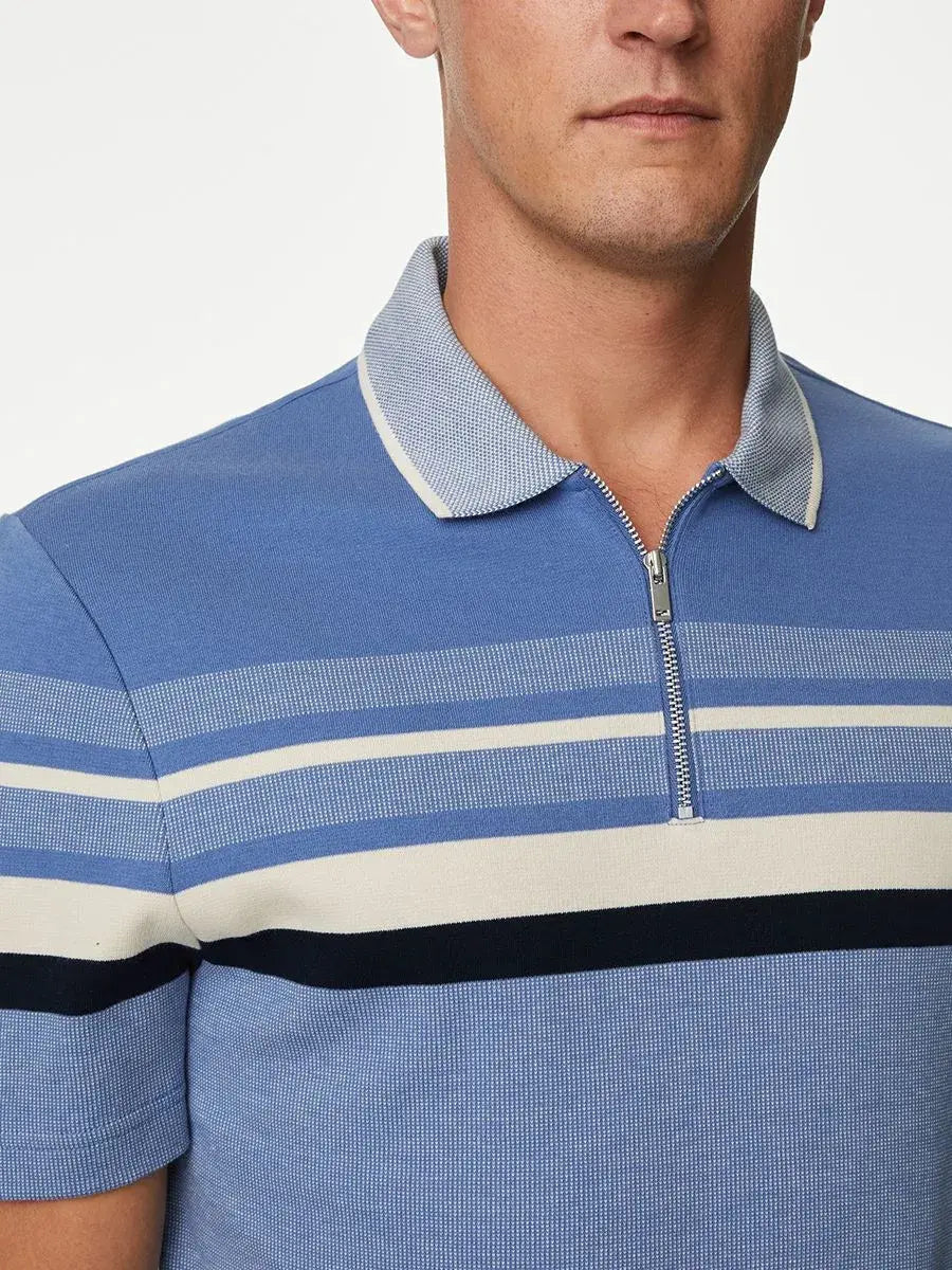 Double knitted Stripe Polo - Blue