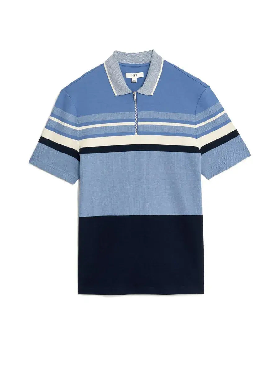 Double knitted Stripe Polo - Blue