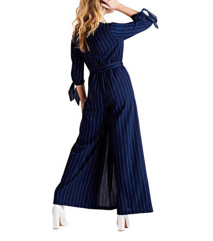 Striped Tie Waist Jumpsuit Navy