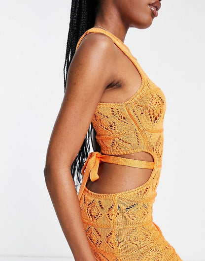 Miss Selfridge Crochet Tie Open Back Mini Dress in orange