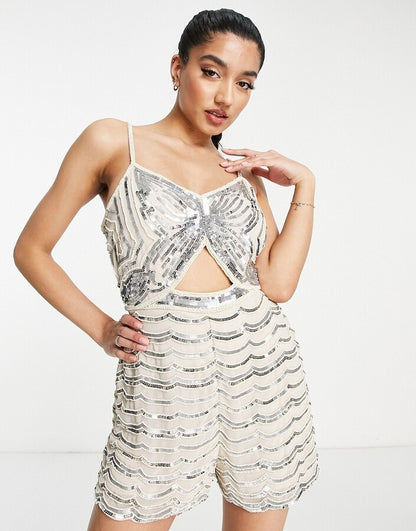Embellished Butterfly Playsuit Silver