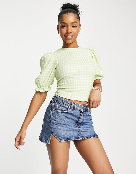 Monki puff sleeve top in green gingham