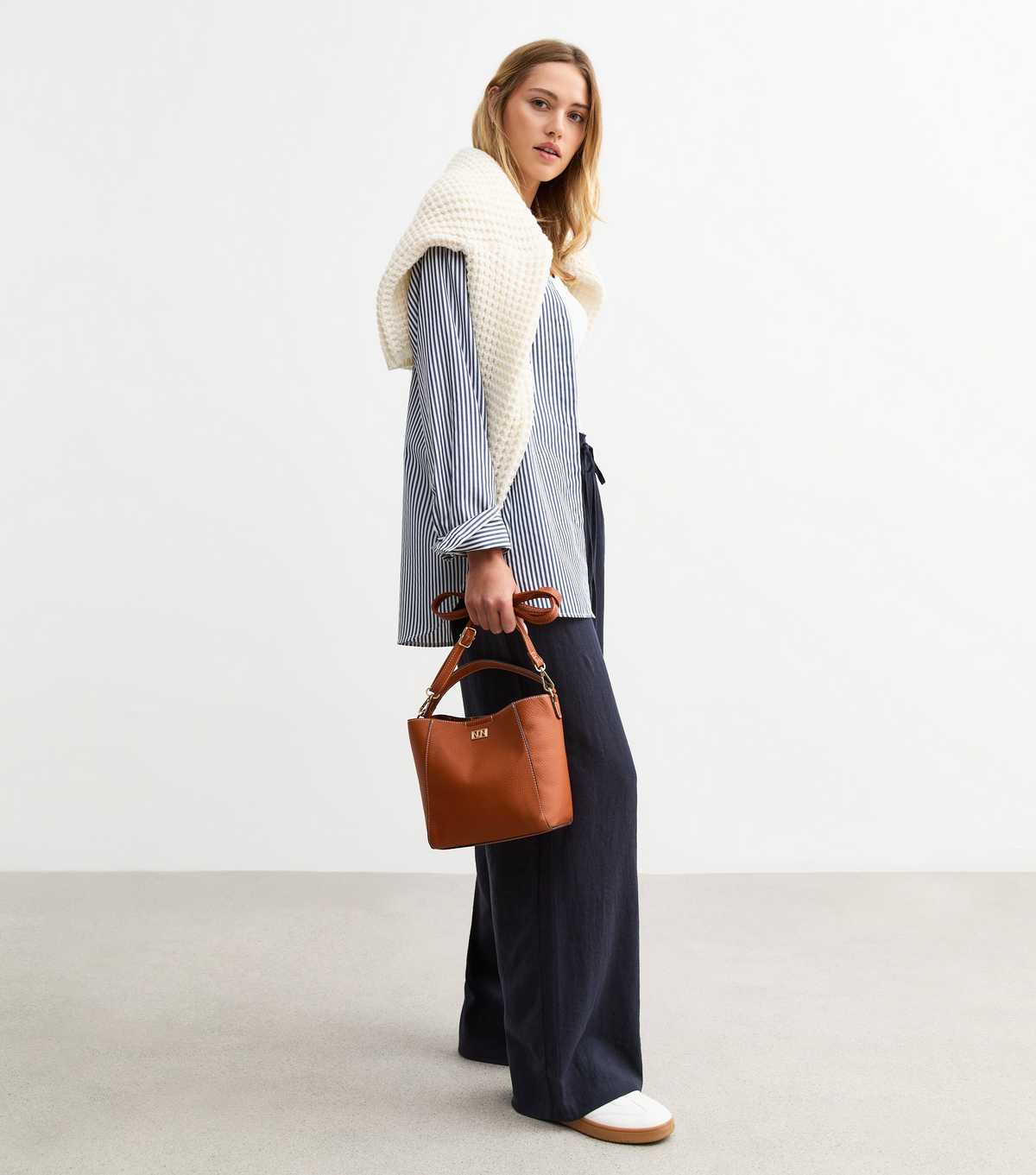 Navy Linen Blend Drawstring Waist Trousers