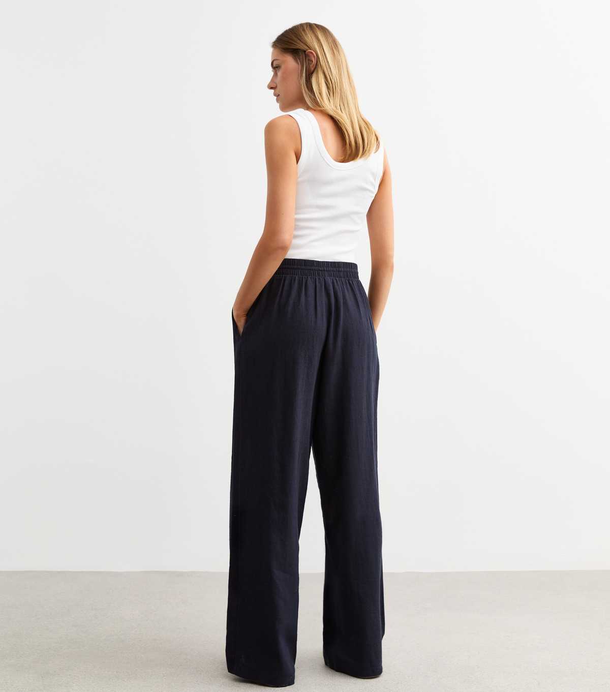 Navy Linen Blend Drawstring Waist Trousers