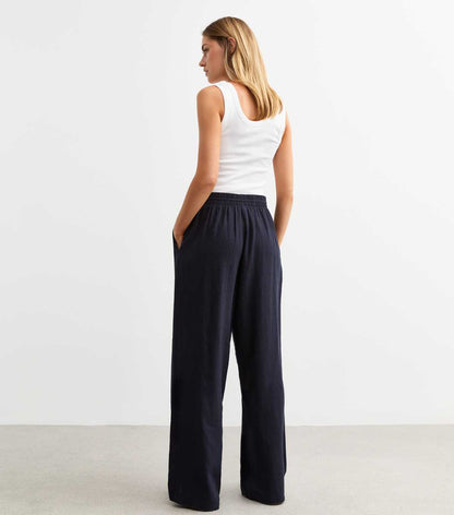 Navy Linen Blend Drawstring Waist Trousers