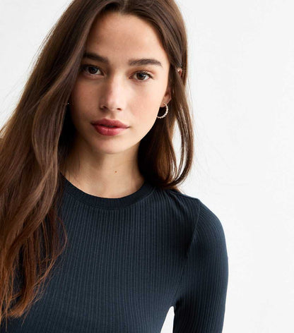 Navy Ribbed Cotton Blend Crew Neck Bodysuit