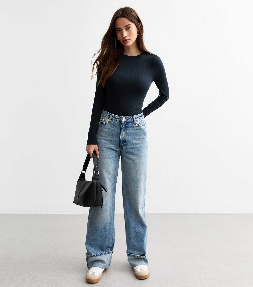 Navy Ribbed Cotton Blend Crew Neck Bodysuit