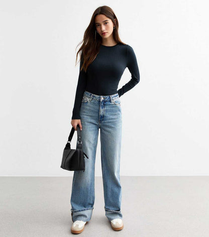 Navy Ribbed Cotton Blend Crew Neck Bodysuit