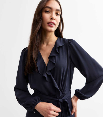Navy Ruffle Belted Midi Dress