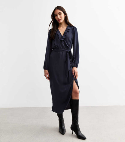 Navy Ruffle Belted Midi Dress