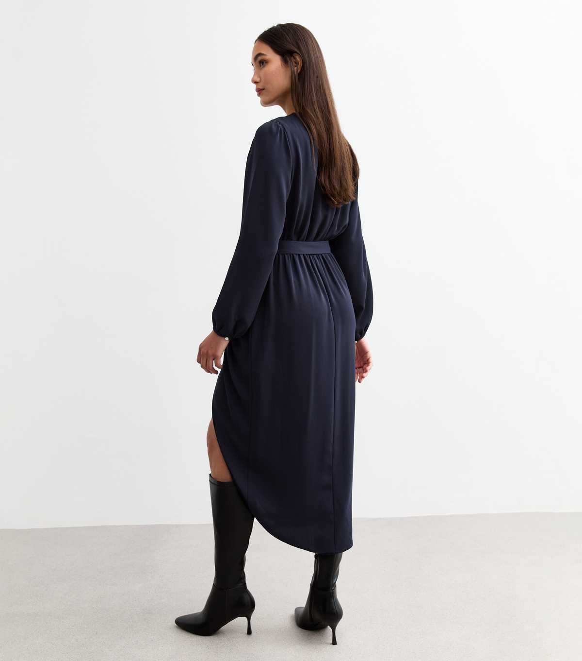 Navy Ruffle Belted Midi Dress