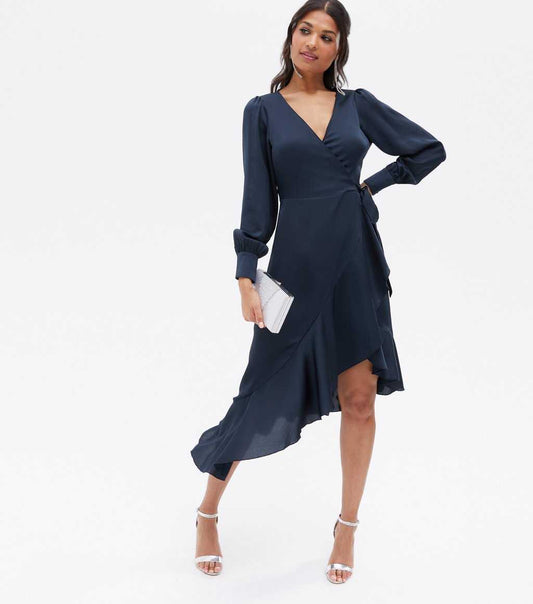 Charlotte Navy Frill Wrap Midi Dress