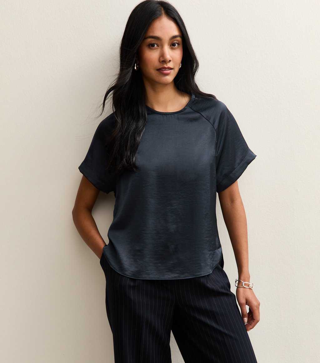 Navy Satin Short Raglan Sleeve Top