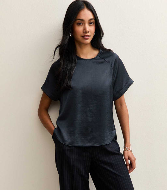 Navy Satin Short Raglan Sleeve Top