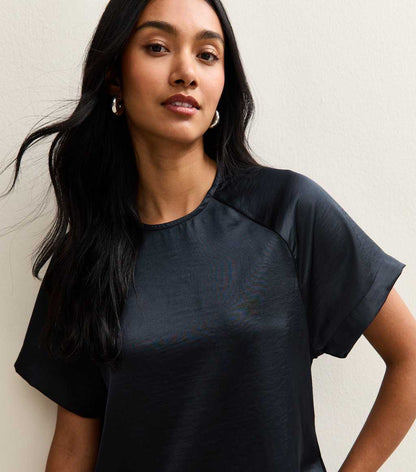 Navy Satin Short Raglan Sleeve Top