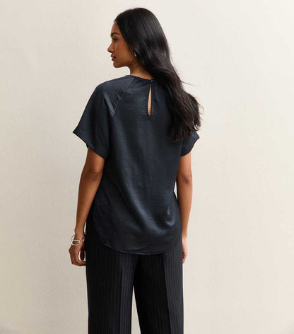 Navy Satin Short Raglan Sleeve Top