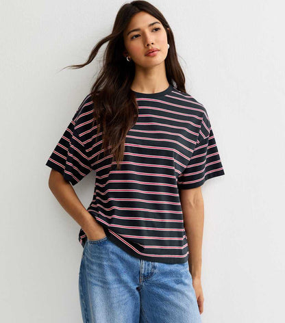 Navy Striped Boxy Crew Neck T-Shirt