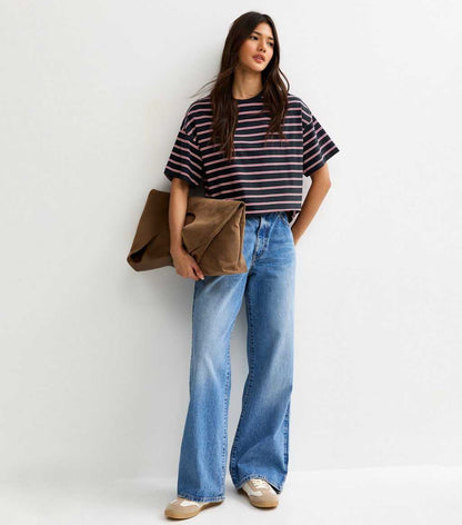 Navy Striped Boxy Crew Neck T-Shirt