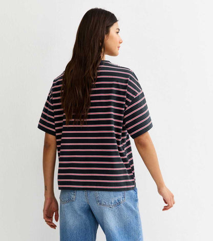 Navy Striped Boxy Crew Neck T-Shirt