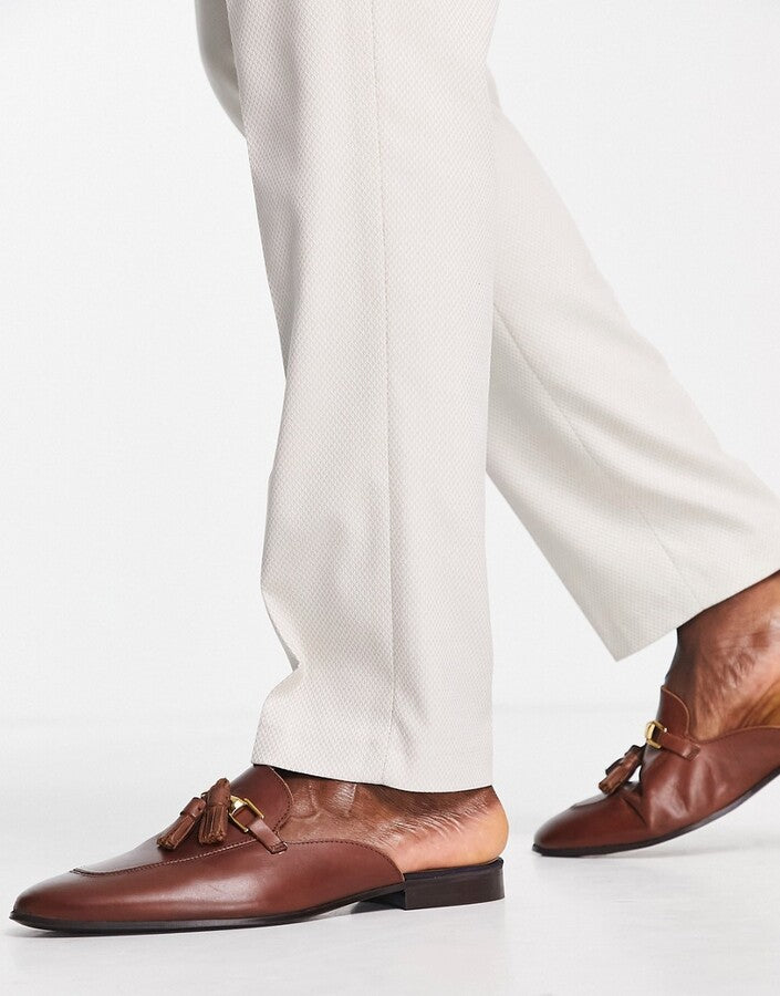 Noak Made in Portugal Mule Loafers With Snaffle Tassel in brown leather