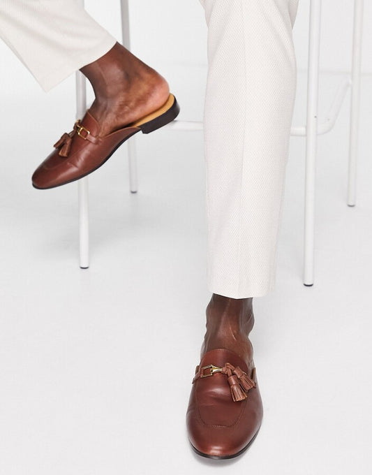 Noak Made in Portugal Mule Loafers With Snaffle Tassel in brown leather