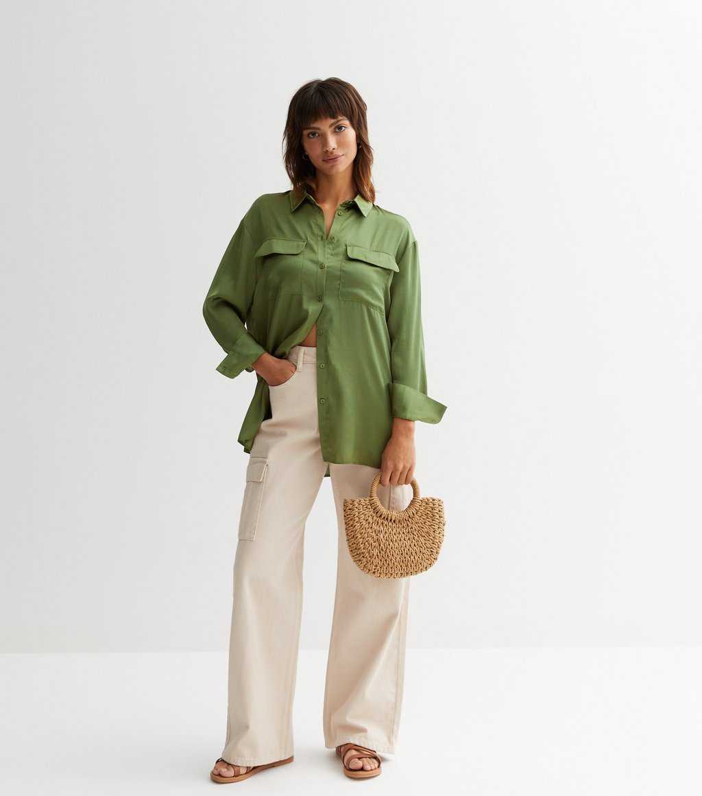 Olive Satin Utility Long Sleeve Shirt