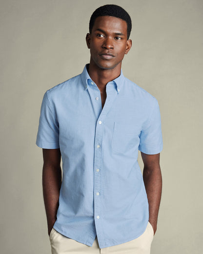 Button-Down Collar Washed Oxford Short Sleeve Classic Fit Shirt Blue