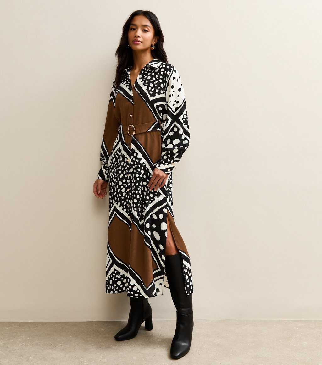 Black Patchwork Print Midi Dress