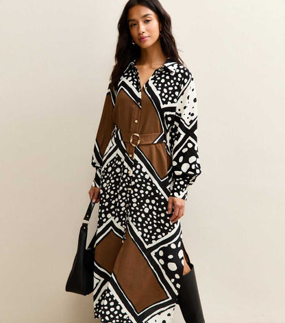 Black Patchwork Print Midi Dress