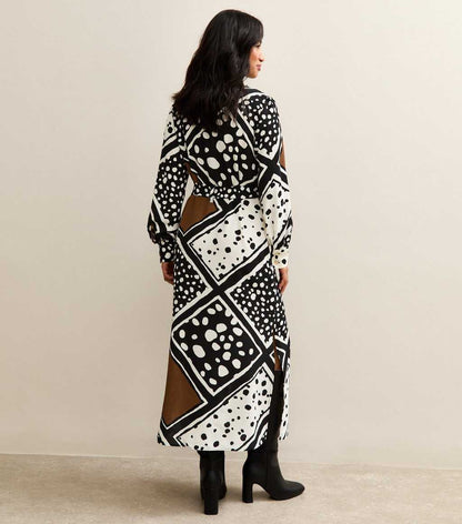 Black Patchwork Print Midi Dress