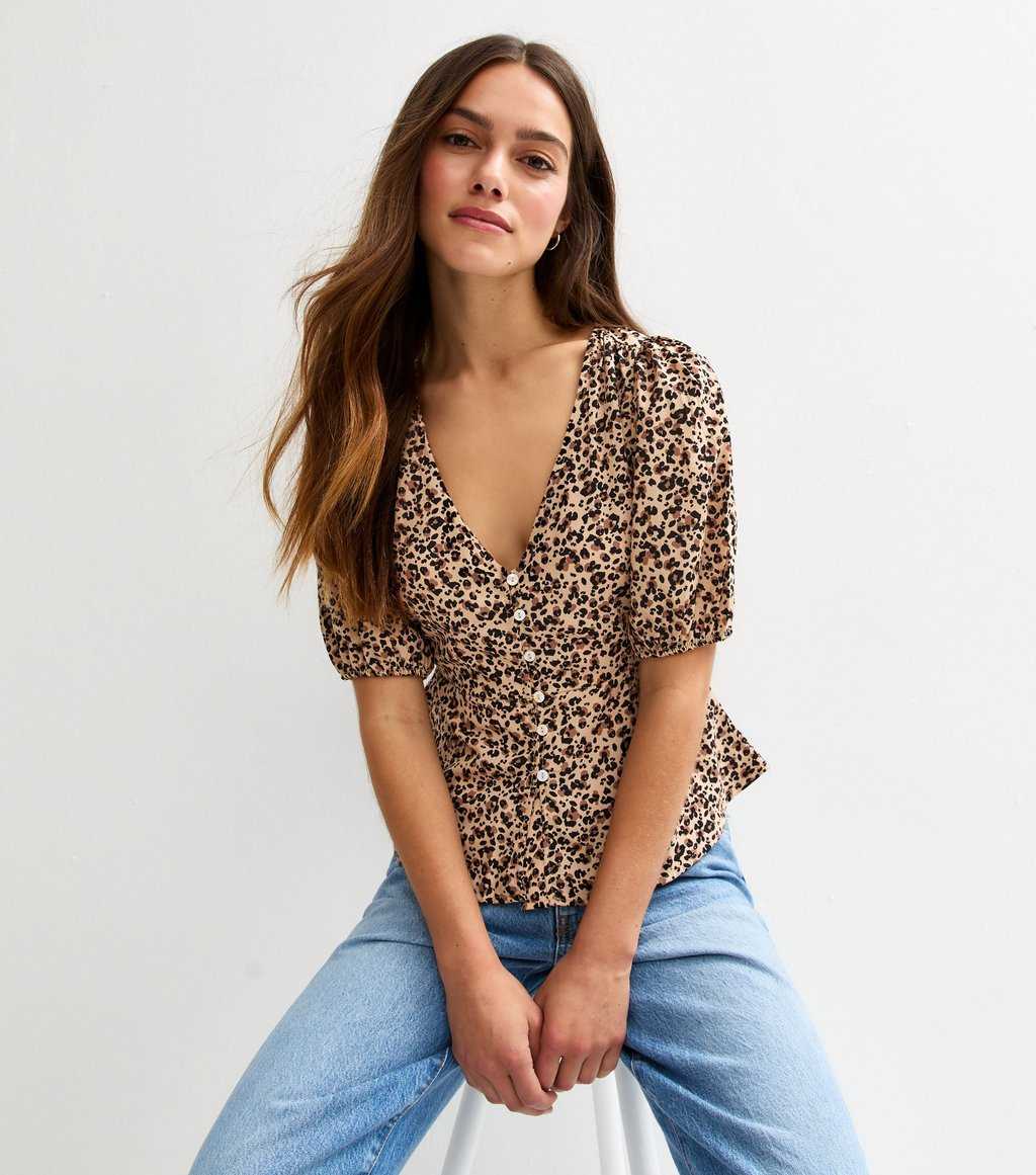Petite Brown Crepe Leopard Print Top