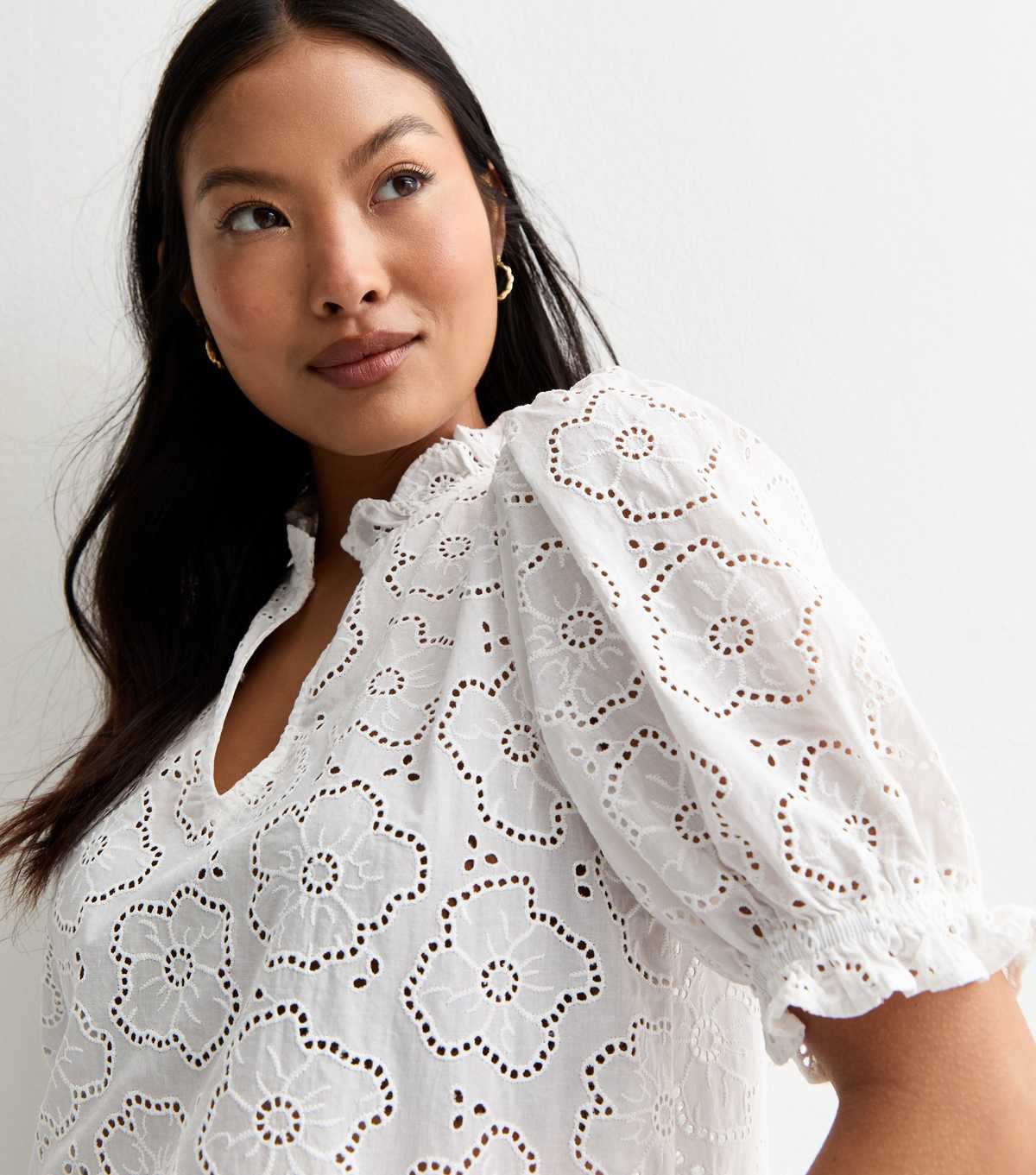 White Embroidered Cotton Puff Sleeve Blouse