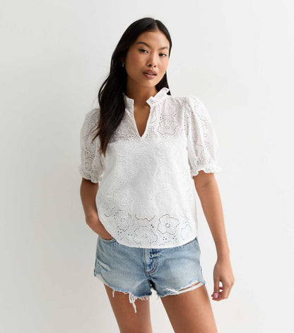 White Embroidered Cotton Puff Sleeve Blouse