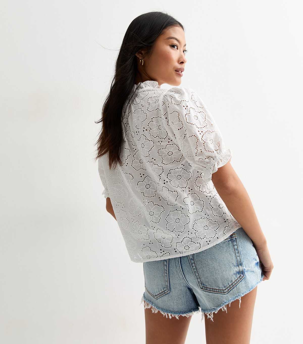 White Embroidered Cotton Puff Sleeve Blouse