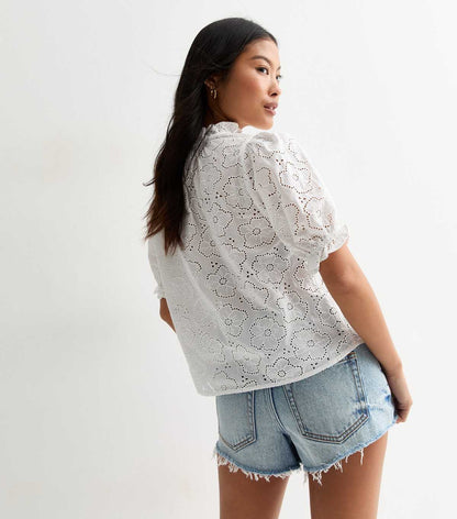 White Embroidered Cotton Puff Sleeve Blouse