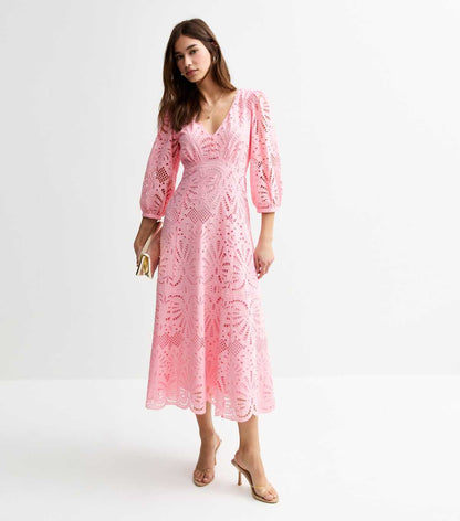 Pink Broderie Anglaise Midi Dress