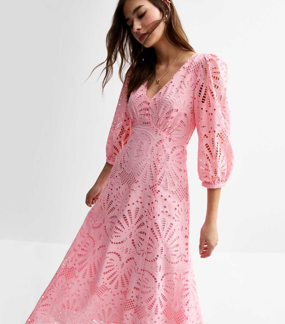 Pink Broderie Anglaise Midi Dress