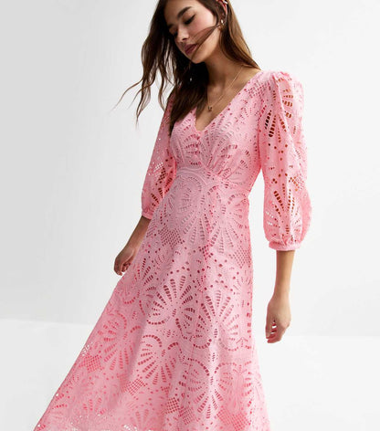 Pink Broderie Anglaise Midi Dress