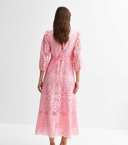 Pink Broderie Anglaise Midi Dress