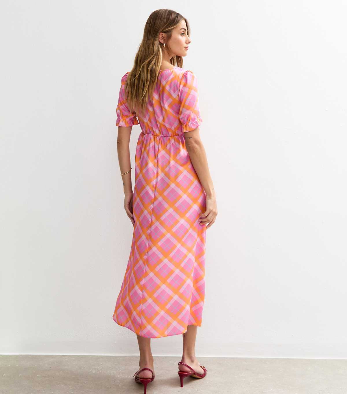 Pink Check Print Ruffle Front Satin Midi Dress