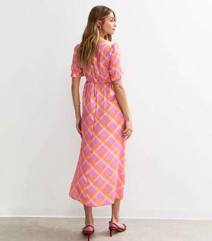 Pink Check Print Ruffle Front Satin Midi Dress