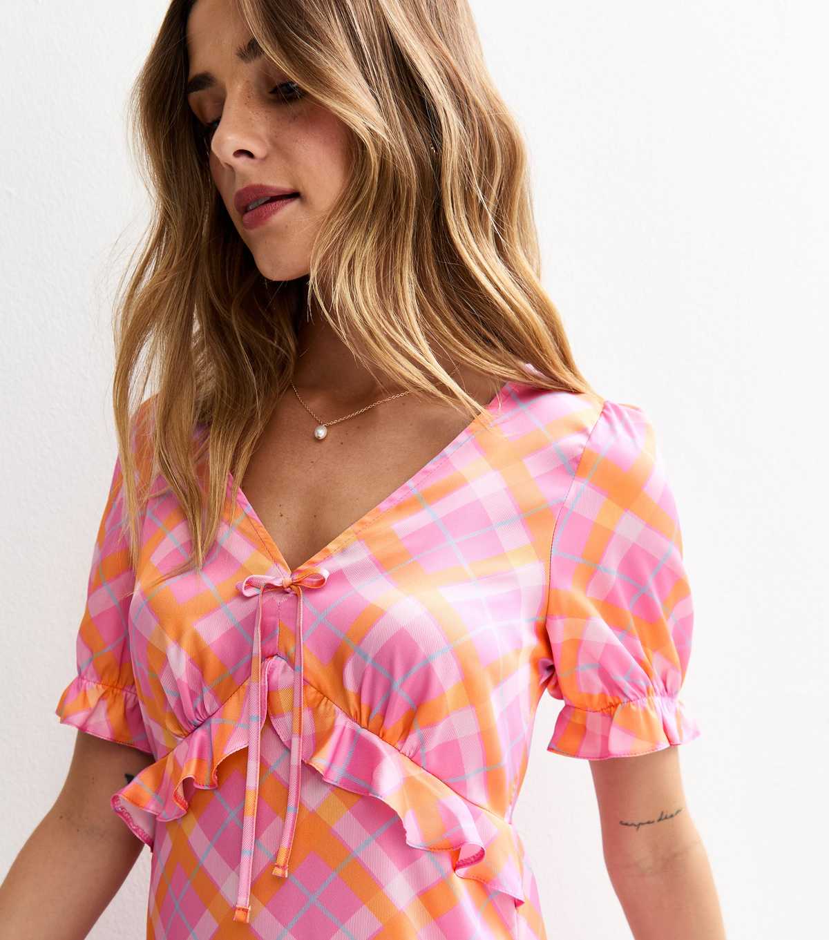 Pink Check Print Ruffle Front Satin Midi Dress